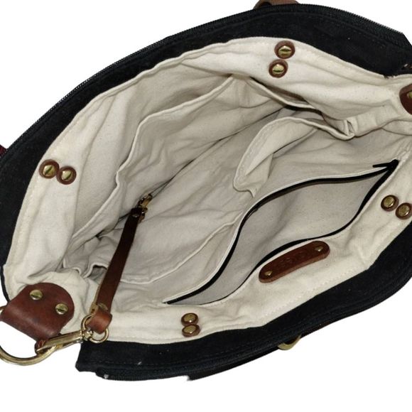 Forest Tote Bag Backpack Canvas Leather Multi Leather Handles Pockets Zip Top - Picture 5 of 12